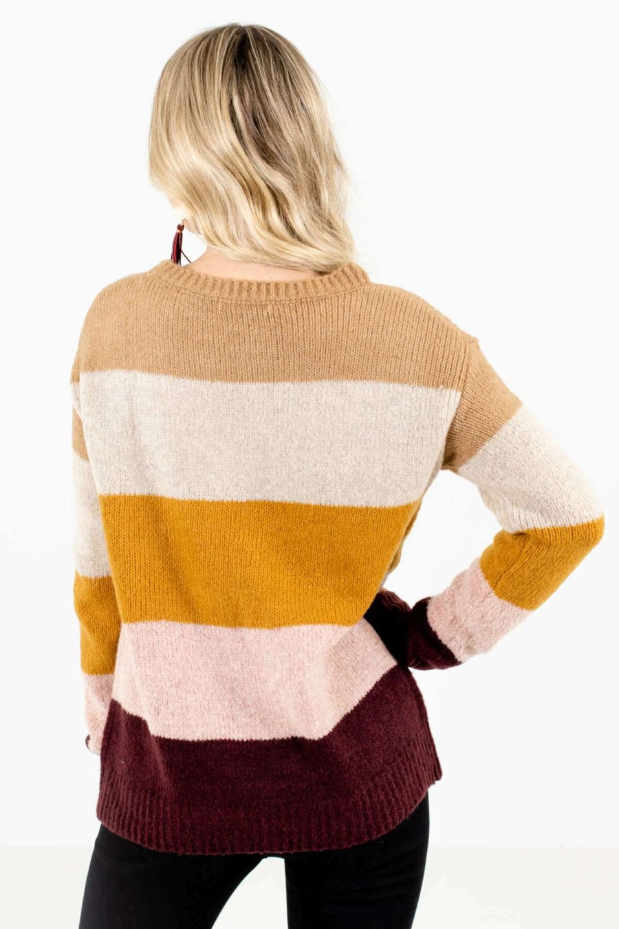 Sweaters * | Best Deal Bella Ella Boutique Dream Come True Mustard Multi Striped Sweater