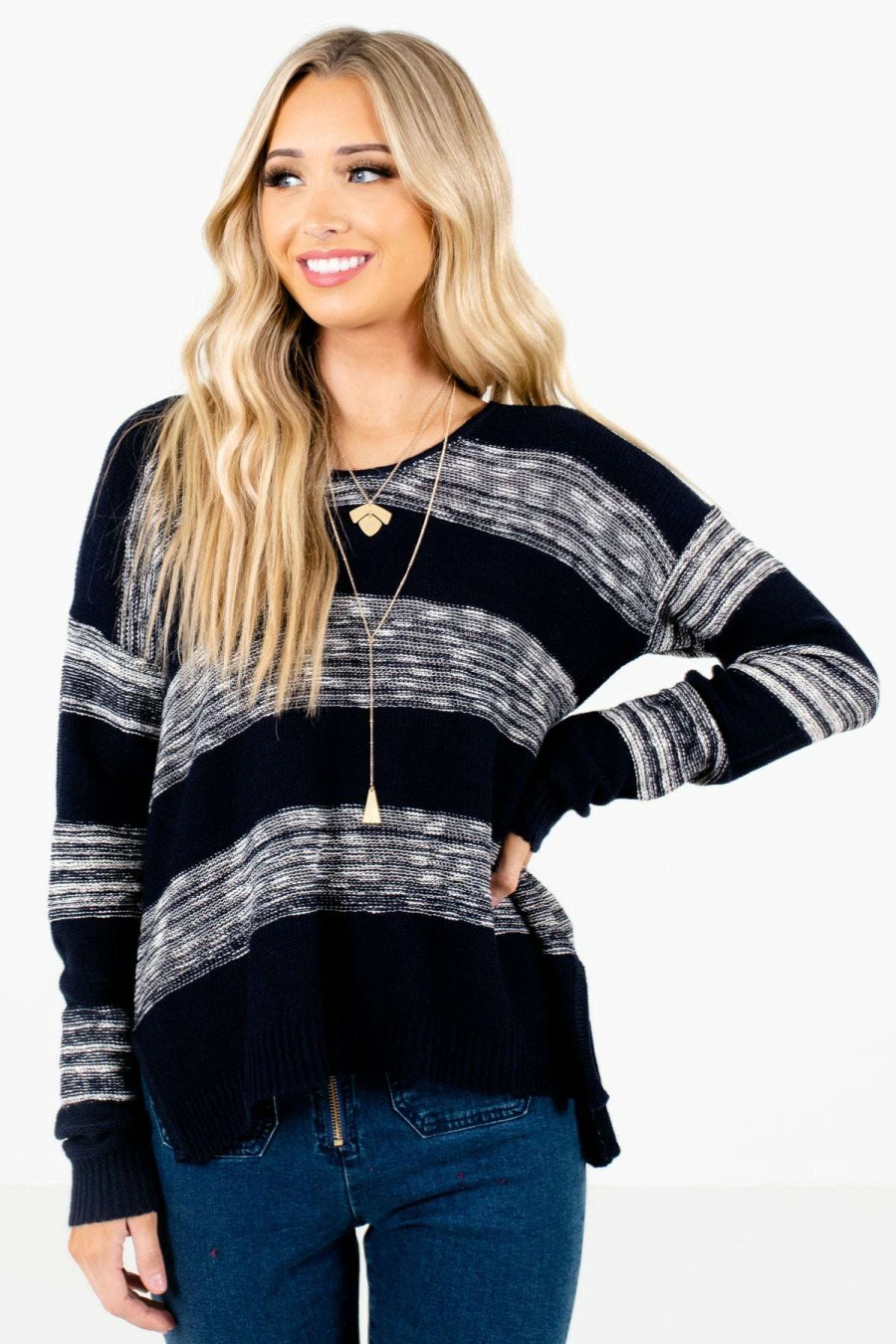 Sweaters * | Cheapest Bella Ella Boutique Brave The Storm Navy Striped Sweater