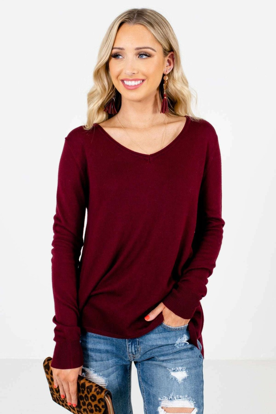 Sweaters * | Discount Bella Ella Boutique Enjoy The Moment Burgundy Sweater