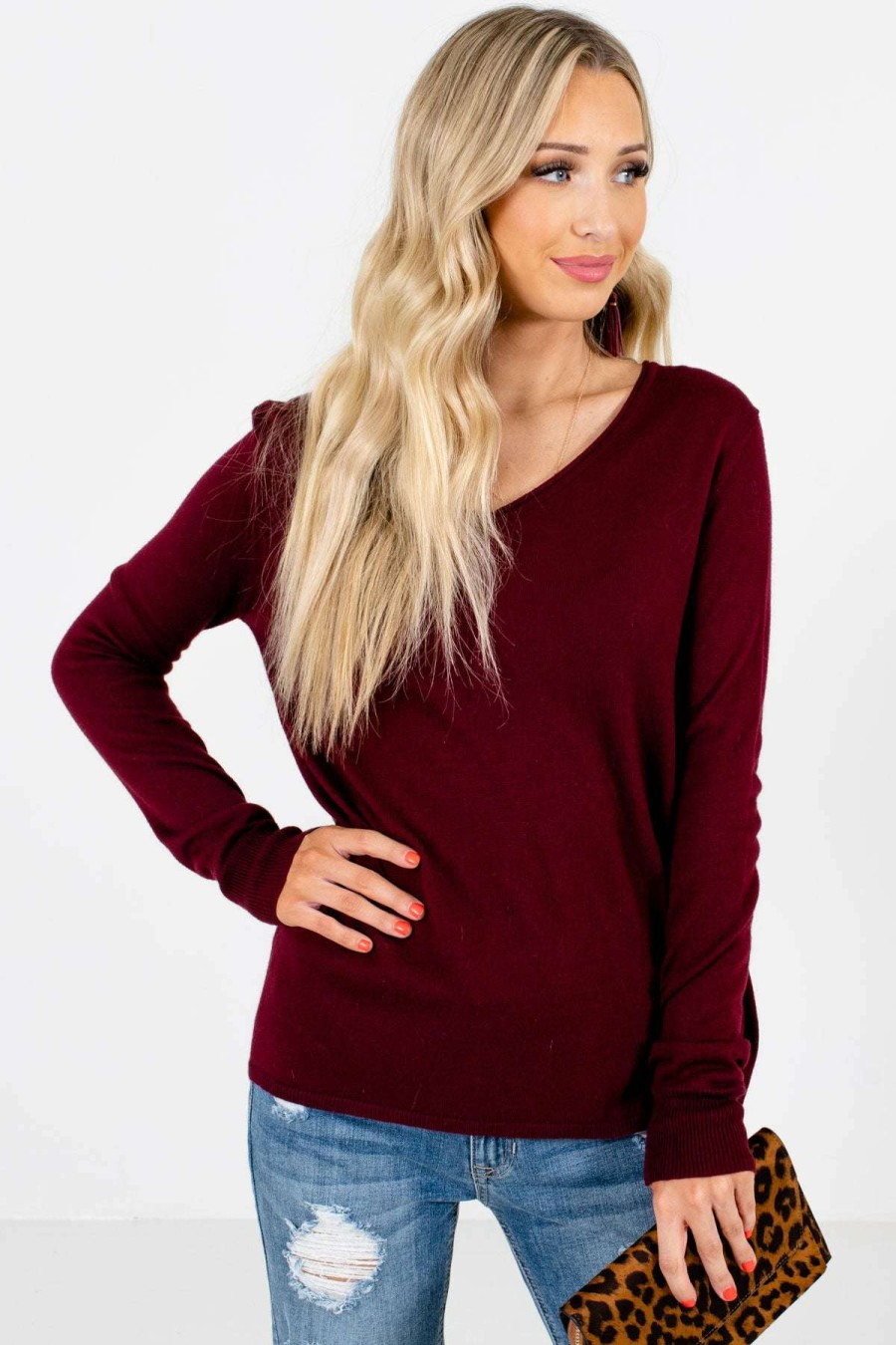 Sweaters * | Discount Bella Ella Boutique Enjoy The Moment Burgundy Sweater