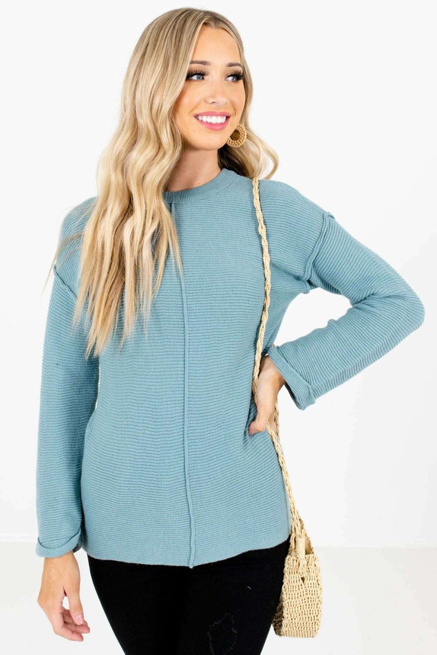 Sweaters * | Best Reviews Of Bella Ella Boutique You Deserve It Blue Ribbed Sweater