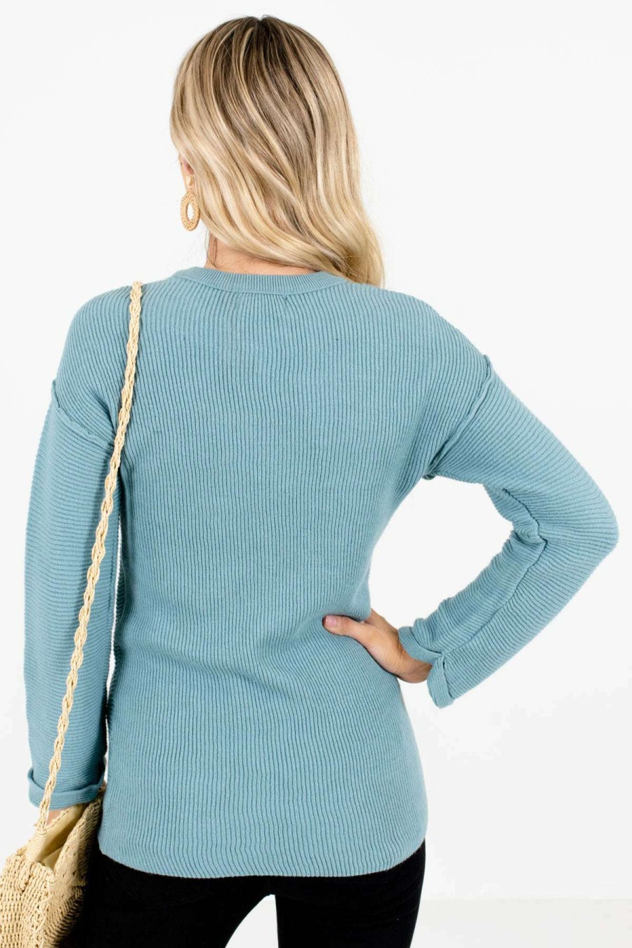 Sweaters * | Best Reviews Of Bella Ella Boutique You Deserve It Blue Ribbed Sweater