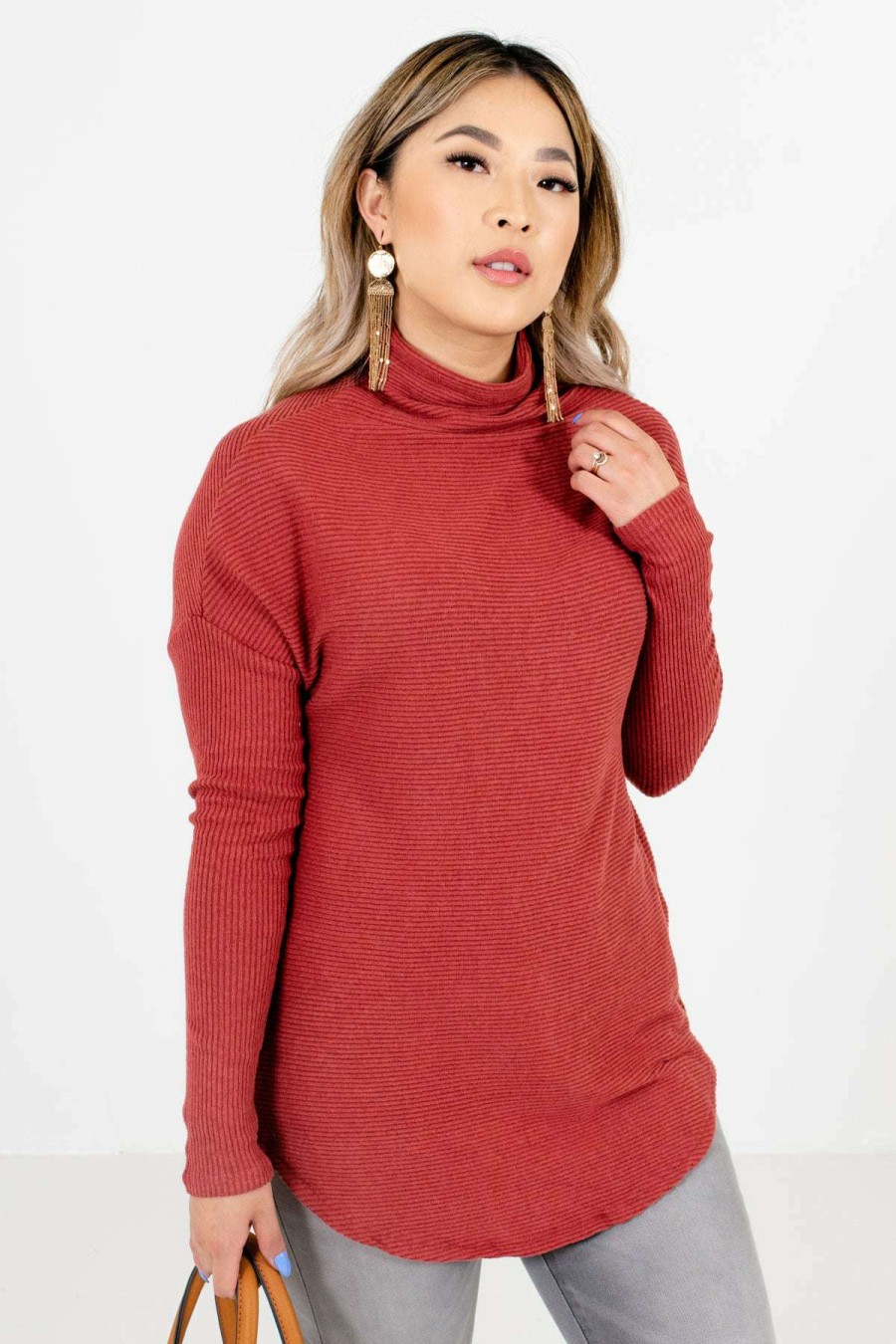 Sweaters * | Brand New Bella Ella Boutique Just My Type Brick Red Sweater