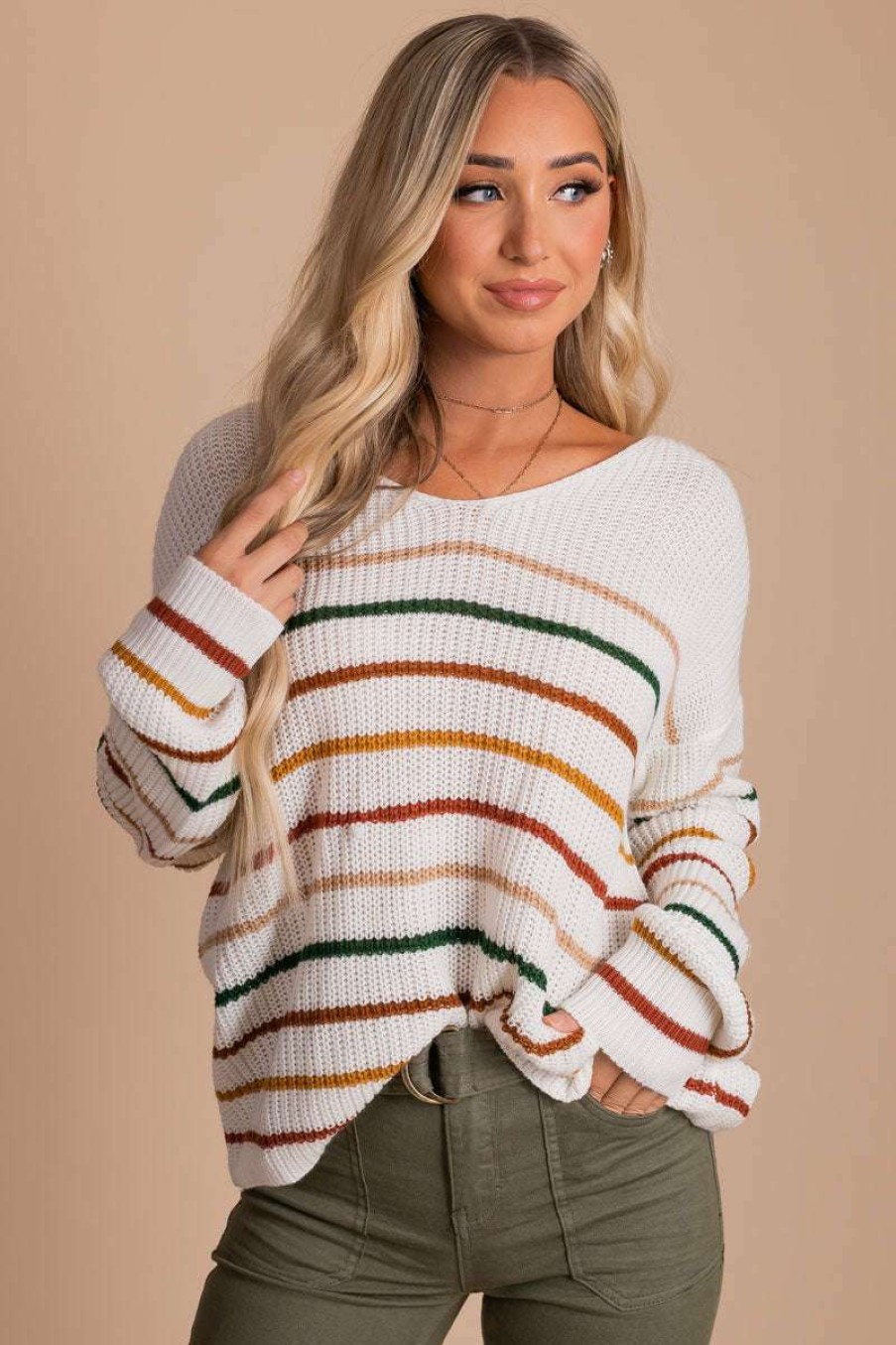 Sweaters * | Best Pirce Kay Fashion Strike A Pose Striped Long Sleeve Top Off White