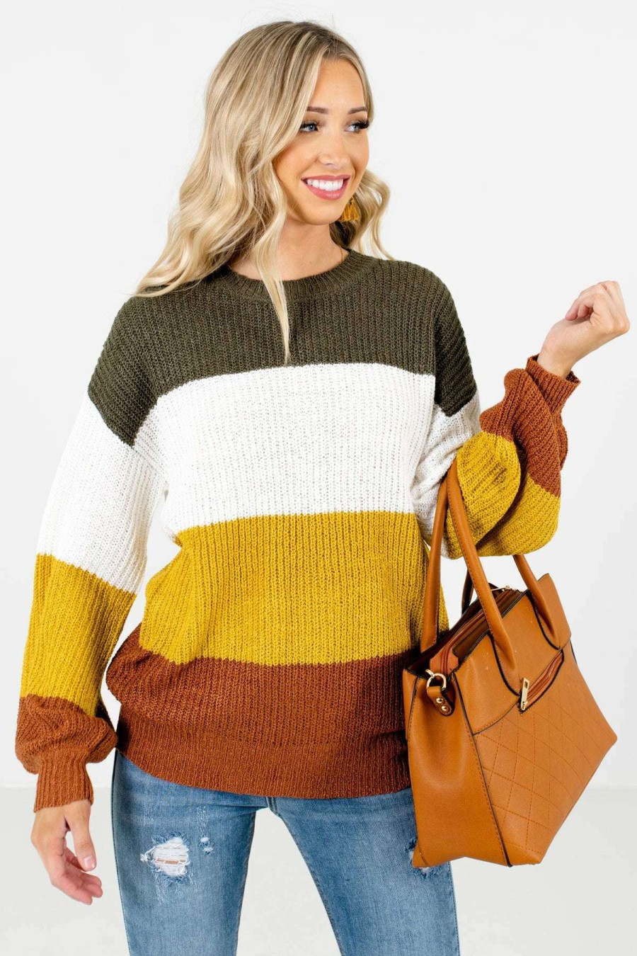 Sweaters * | New Bella Ella Boutique Natural Beauty Multi Striped Sweater Mustard