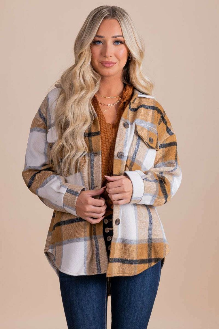 Jackets * | Promo Hyfve Mountain Air Plaid Button Up Shacket Light Brown