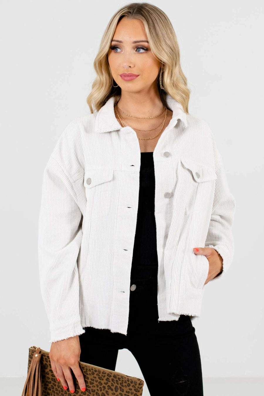 Jackets * | Flash Sale Bella Ella Boutique Confidence Is Key White Corduroy Jacket