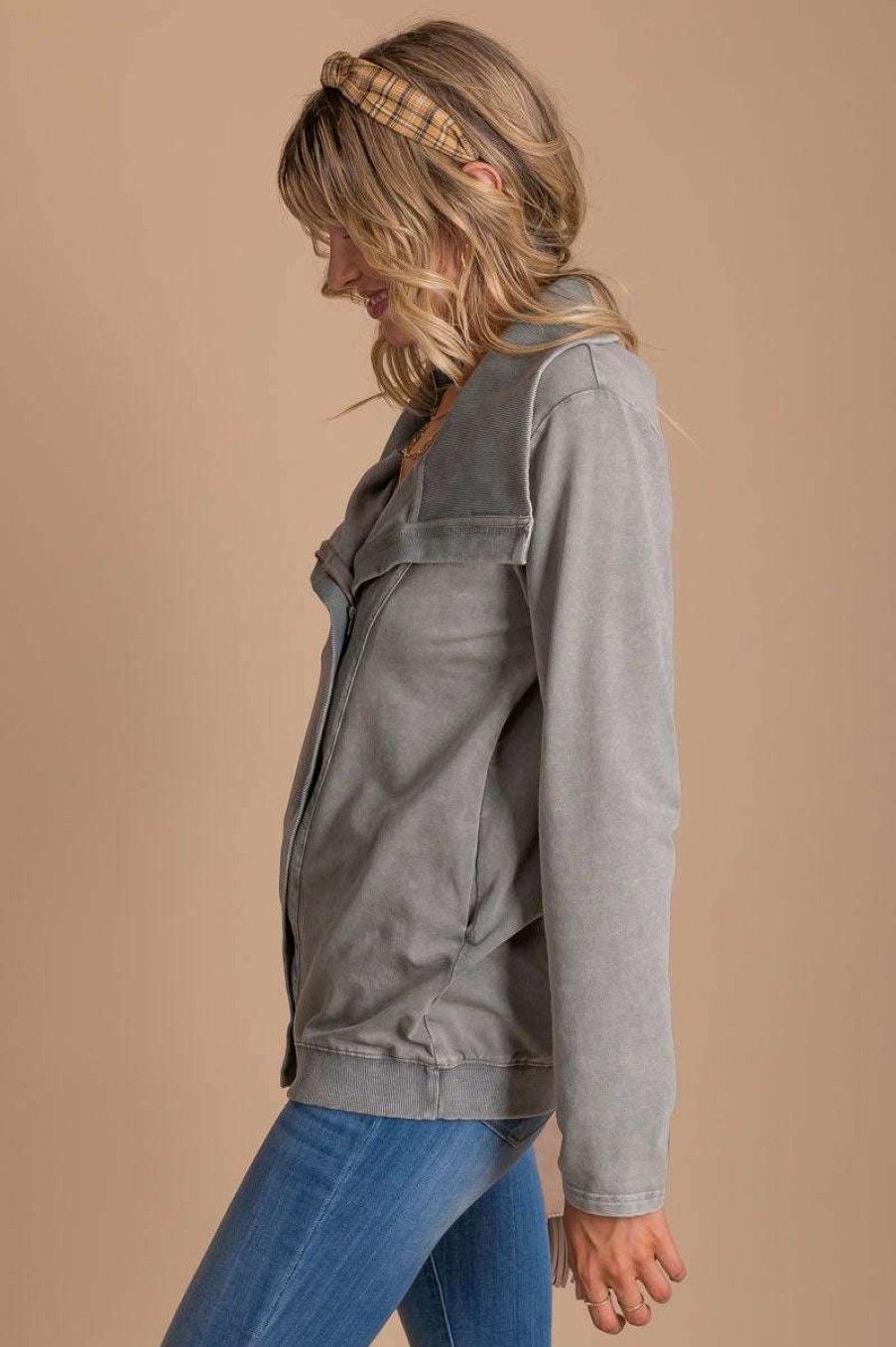 Jackets * | Coupon Basix Apparel Over The Moon Zip Up Jacket Gray