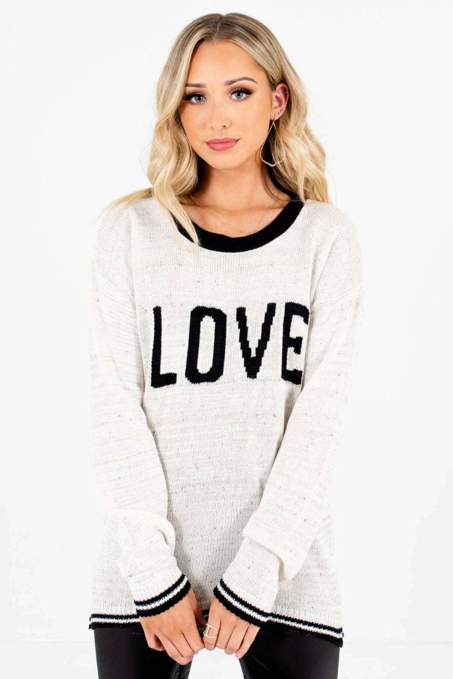 Sweaters * | Promo Bella Ella Boutique Love Cream Knit Sweater