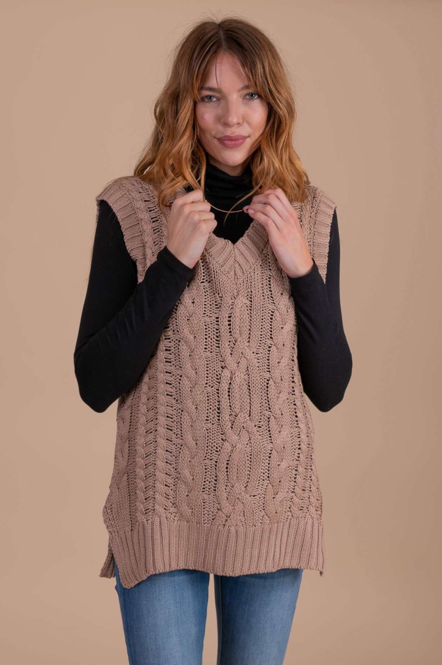 Sweaters * | Cheap Be Cool Winter Nutmeg Cable Knit Sweater Vest Light Brown