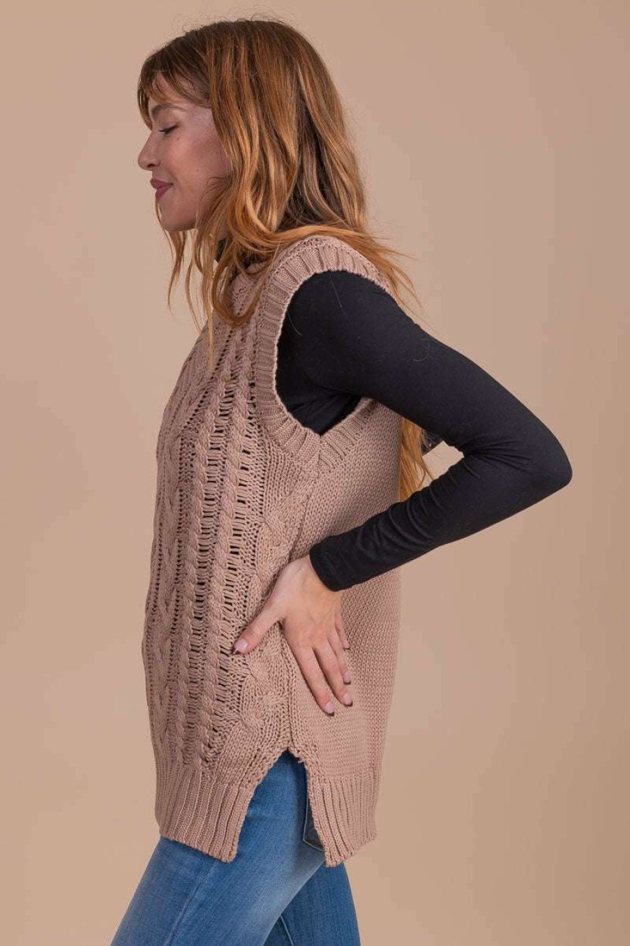 Sweaters * | Cheap Be Cool Winter Nutmeg Cable Knit Sweater Vest Light Brown