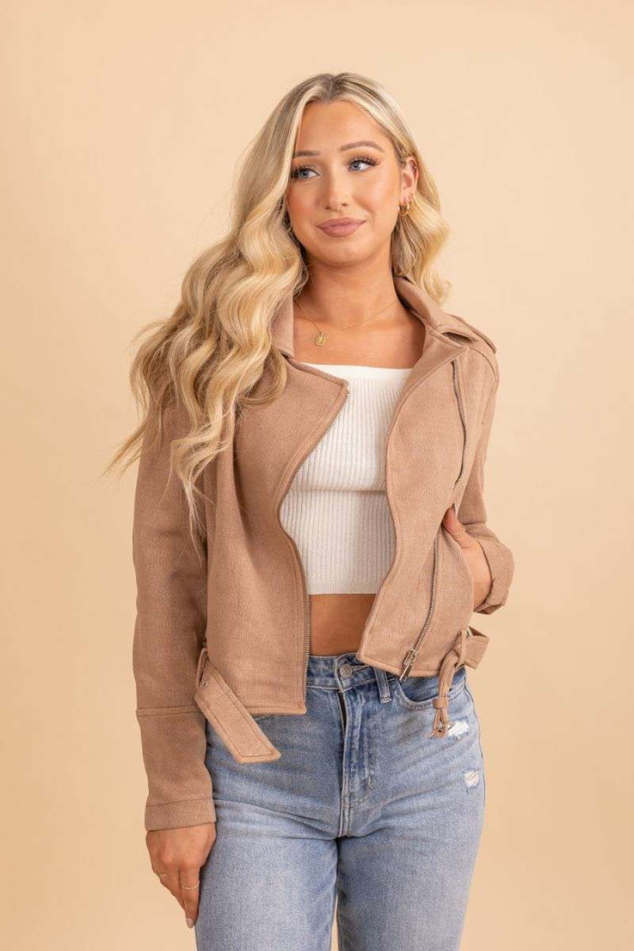 Jackets * | Flash Sale Bella Ella Boutique Thank Your Lucky Stars Cropped Jacket Light Brown