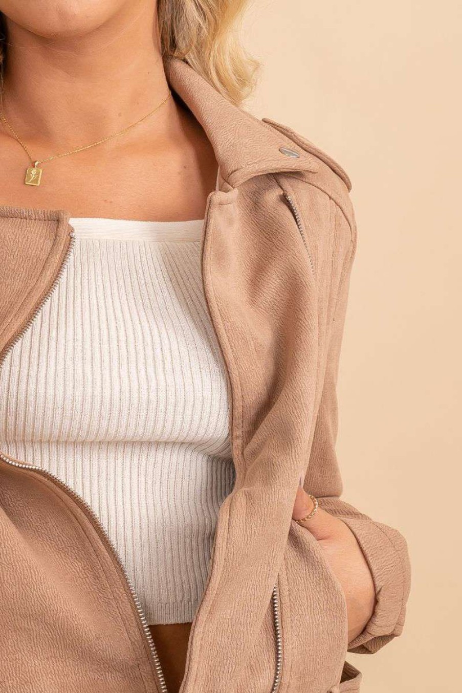 Jackets * | Flash Sale Bella Ella Boutique Thank Your Lucky Stars Cropped Jacket Light Brown