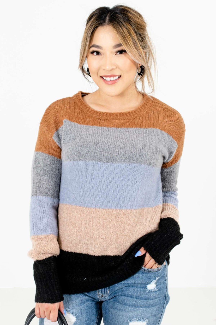 Sweaters * | Buy Bella Ella Boutique Dream Come True Light Blue Multi Striped Sweater