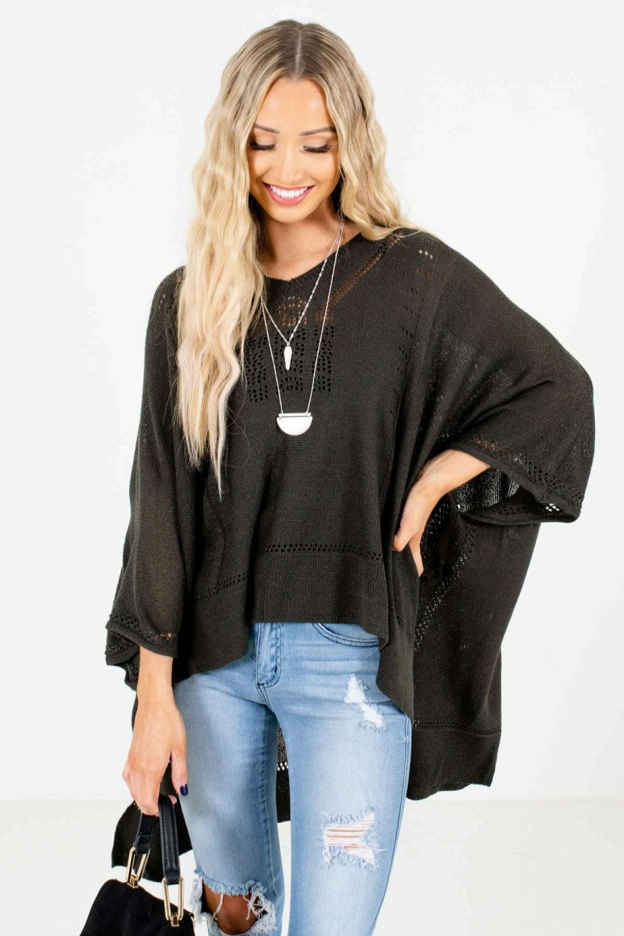 Sweaters * | Top 10 Bella Ella Boutique Joyful Heart Charcoal Gray Sweater Poncho