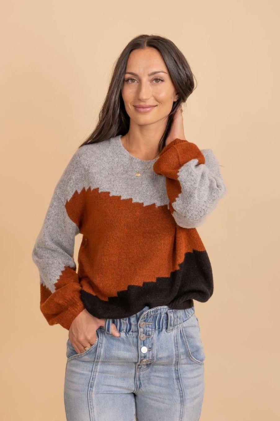 Sweaters * | Best Sale Blu Pepper Find The Balance Color Block Sweater Brown