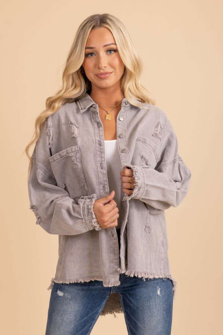 Jackets * | Brand New Pol New Feeling Button Up Jacket Light Gray