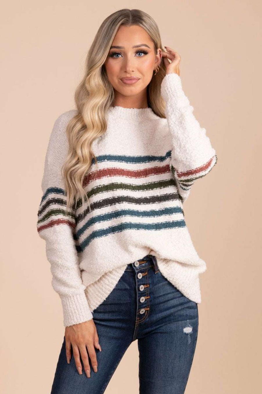 Sweaters * | Best Sale Stacatto Crazy Beautiful Life Striped Pullover Sweater Off White