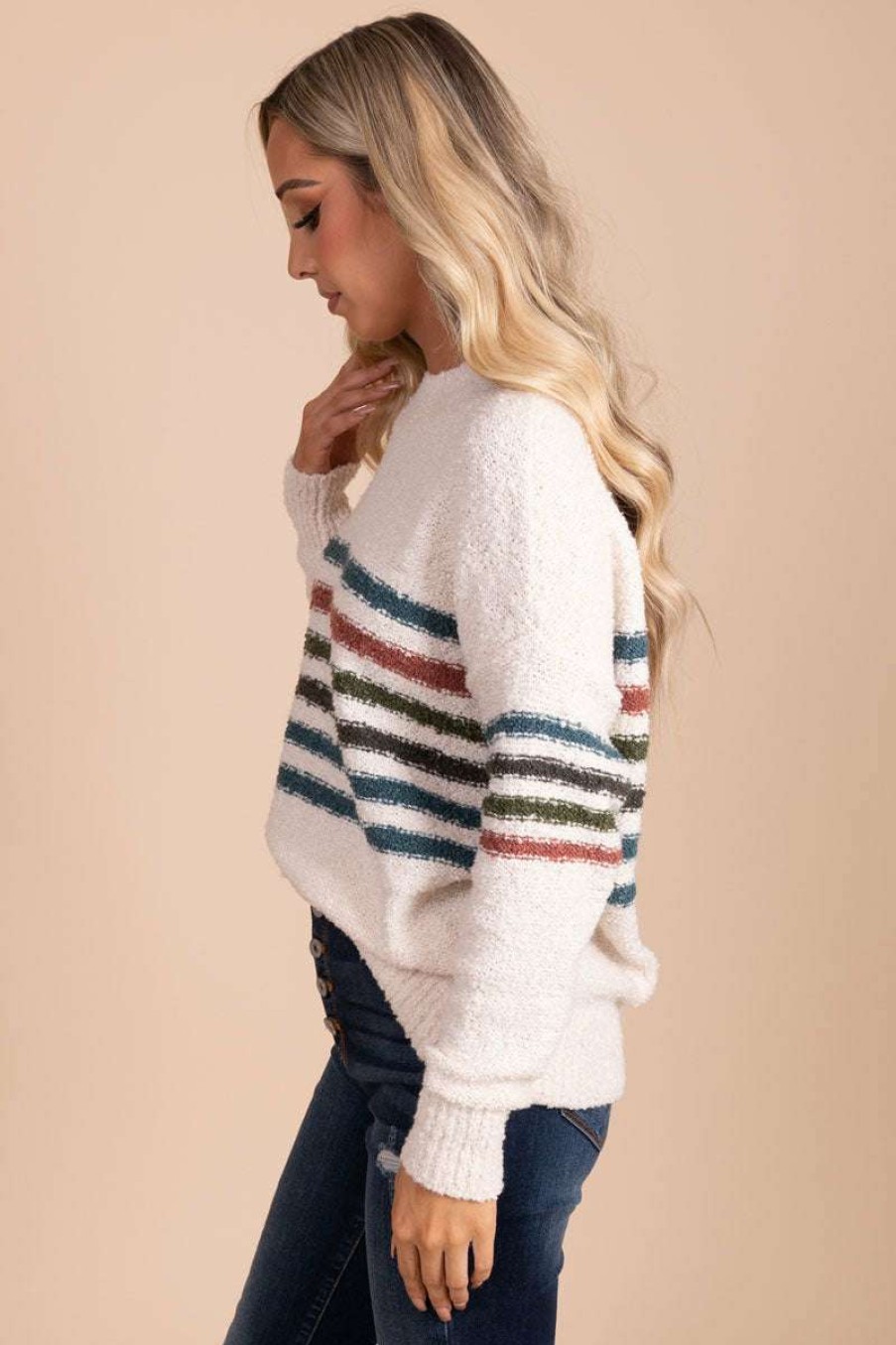 Sweaters * | Best Sale Stacatto Crazy Beautiful Life Striped Pullover Sweater Off White