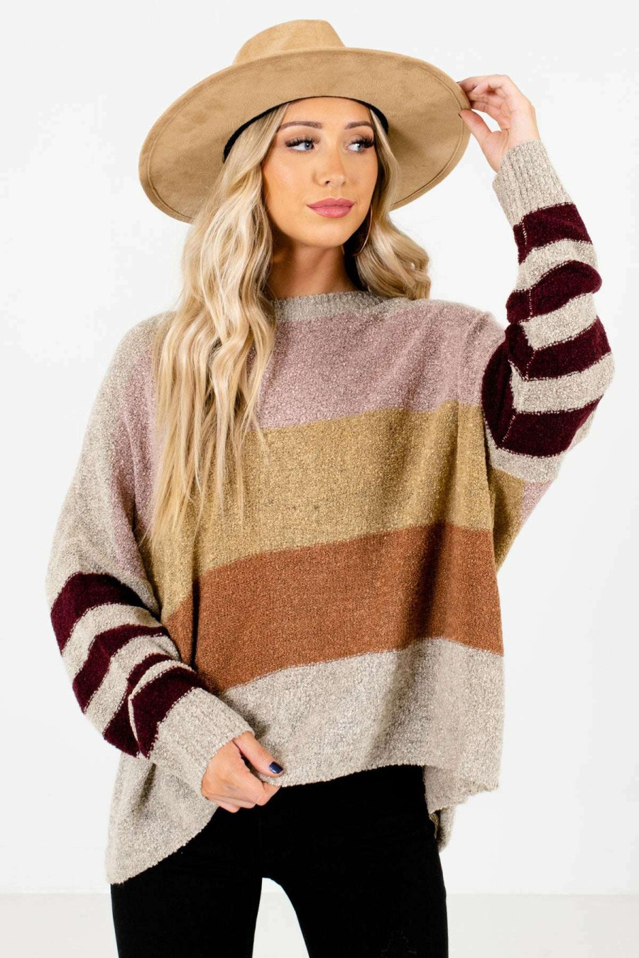 Sweaters * | Flash Sale Bella Ella Boutique Sweater Weather Beige Multi Striped Sweater