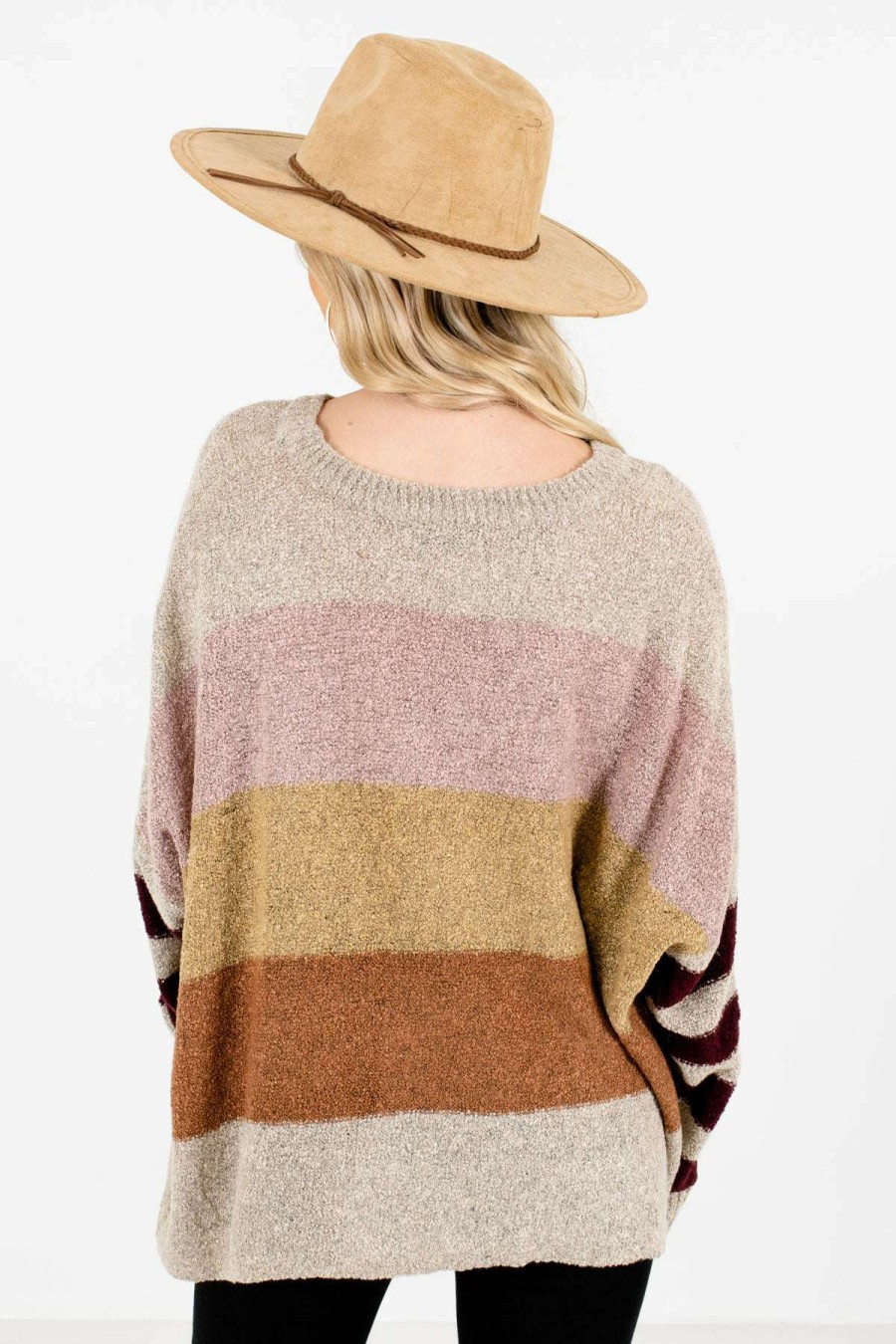 Sweaters * | Flash Sale Bella Ella Boutique Sweater Weather Beige Multi Striped Sweater