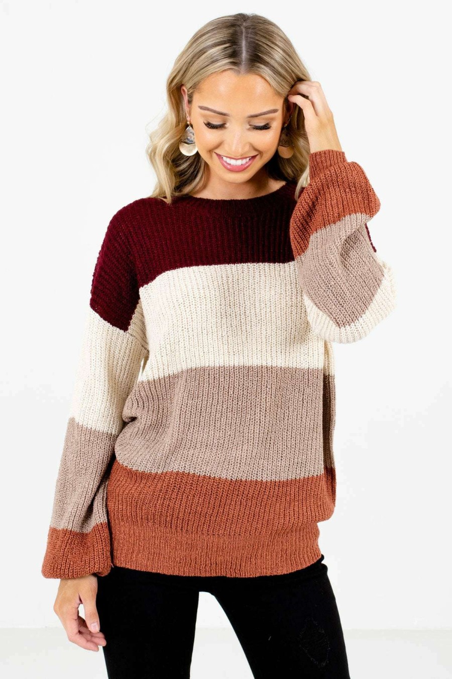 Sweaters * | Cheapest Bella Ella Boutique Natural Beauty Taupe Multi Striped Sweater