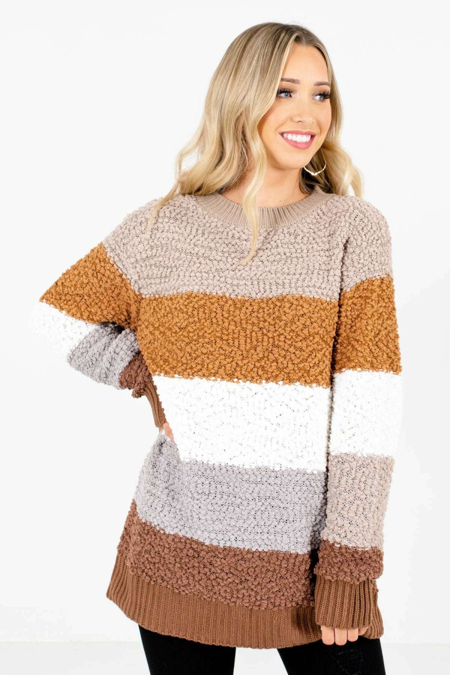 Sweaters * | Best Pirce Bella Ella Boutique Thankful Heart Brown Multi Striped Sweater