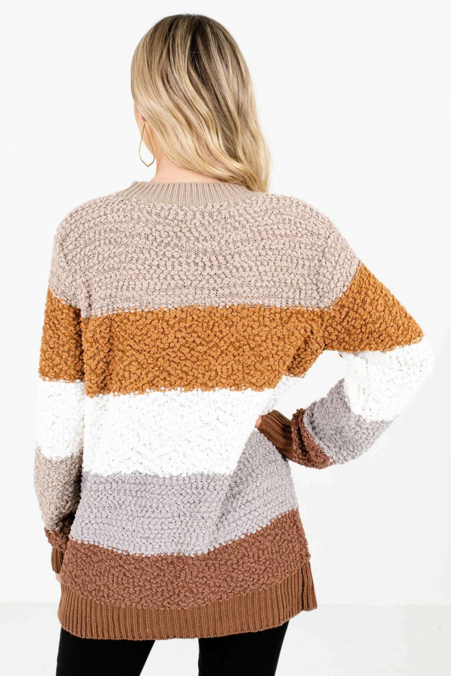 Sweaters * | Best Pirce Bella Ella Boutique Thankful Heart Brown Multi Striped Sweater