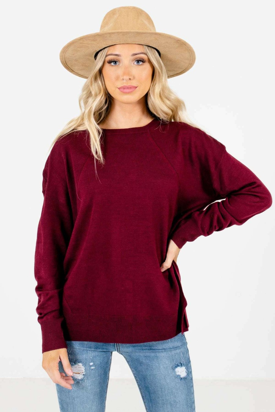 Sweaters * | Hot Sale Bella Ella Boutique Lost In Thought Burgundy Sweater