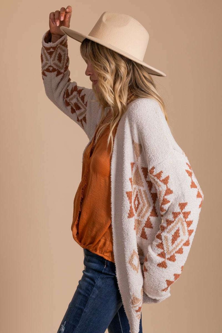 Sweaters * | Brand New Very J Youthful Heart Tribal Print Cardigan Off White