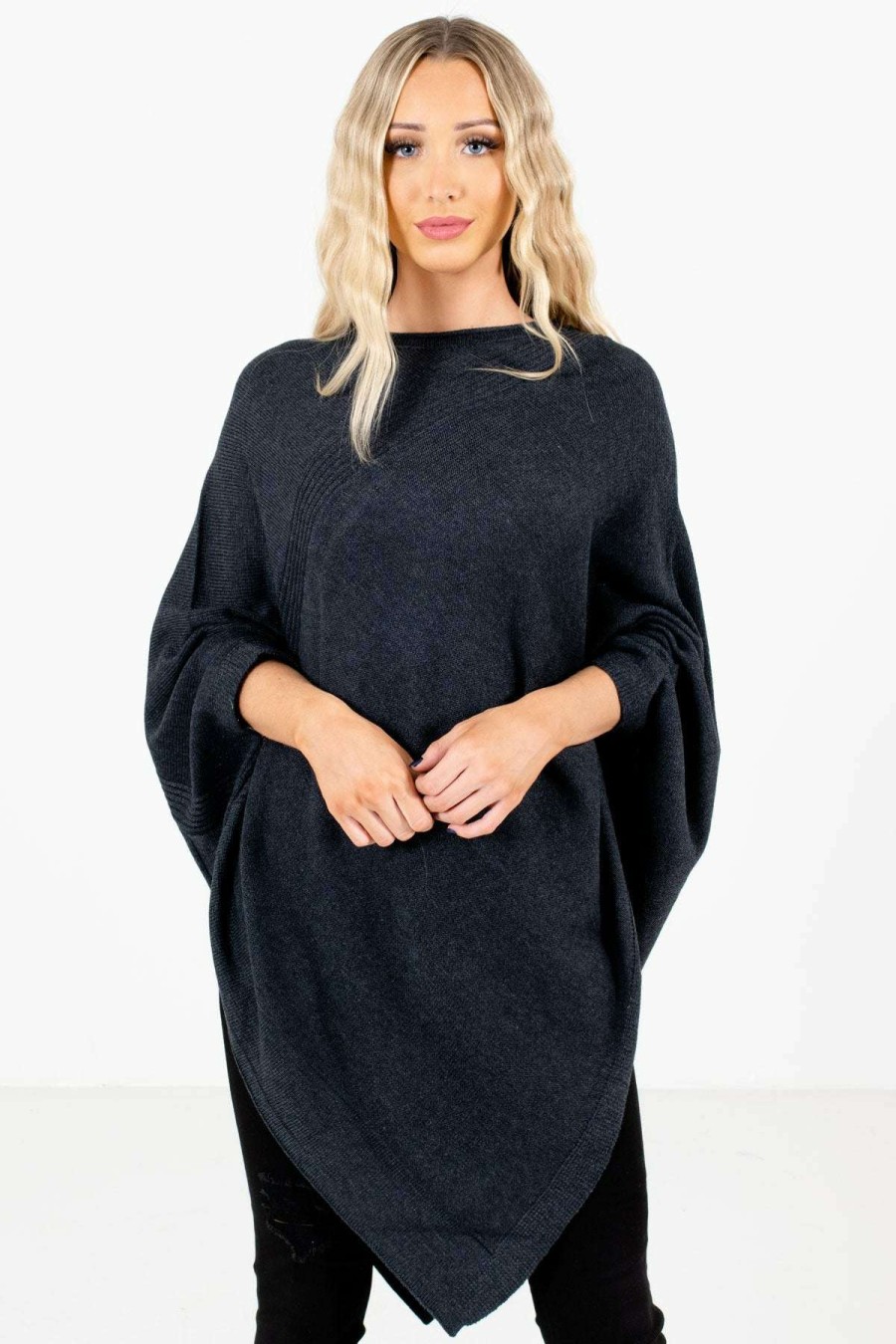 Sweaters * | Best Deal Bella Ella Boutique Power Of Positivity Charcoal Gray Sweater Poncho