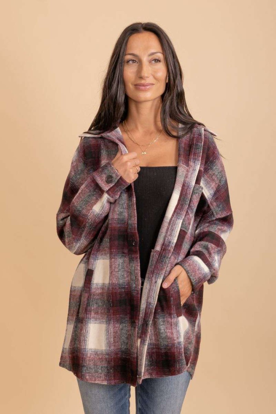 Jackets * | Coupon Zenana Strong Heart Plaid Button Up Jacket