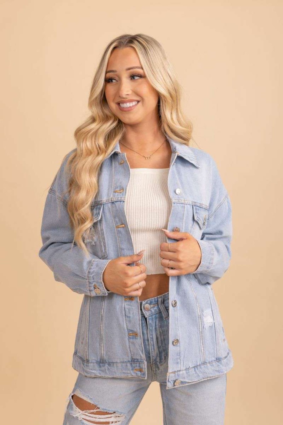 Jackets * | Budget Love Tree Happy Right Now Oversized Denim Jacket Light Blue