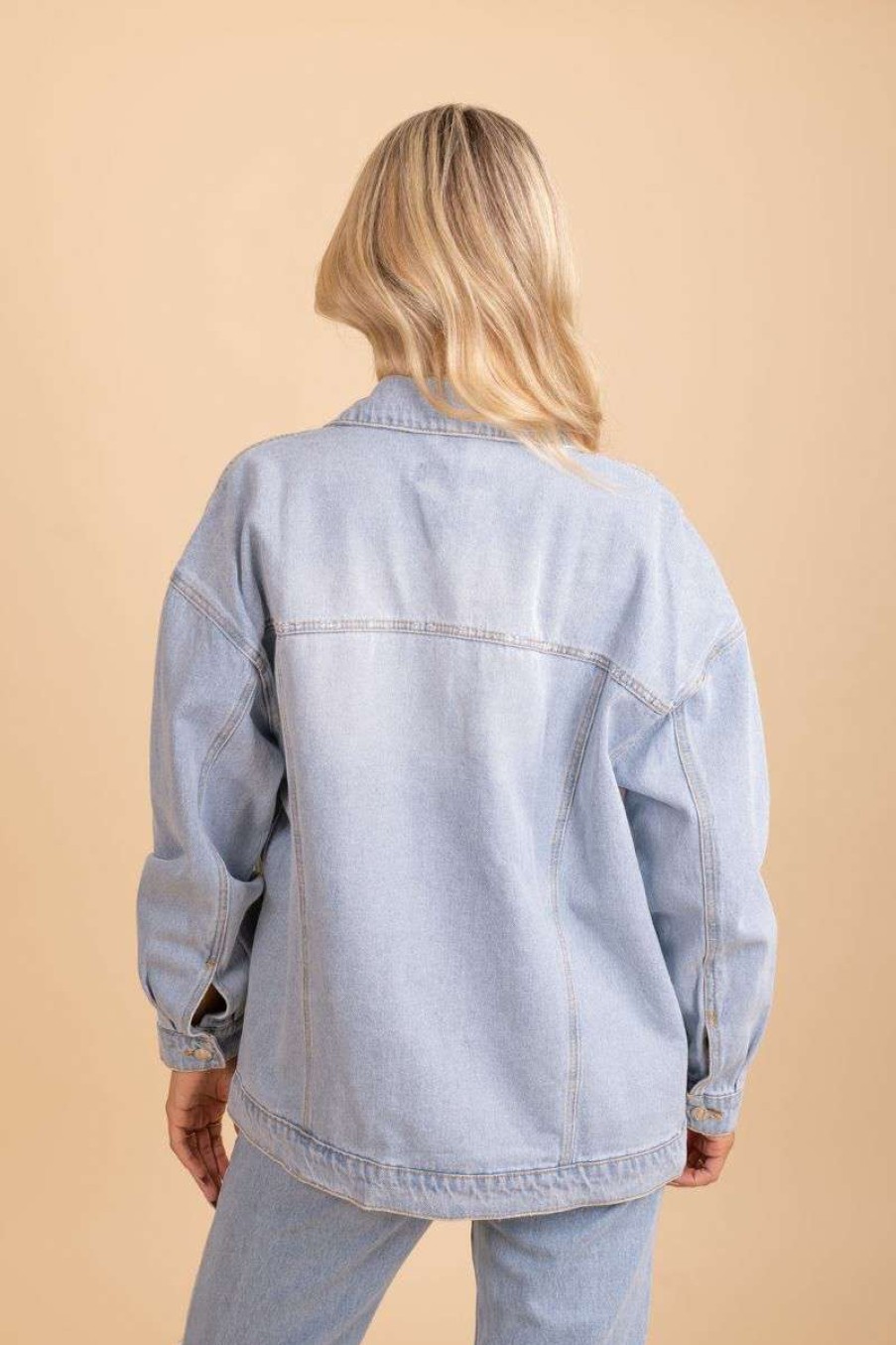 Jackets * | Budget Love Tree Happy Right Now Oversized Denim Jacket Light Blue