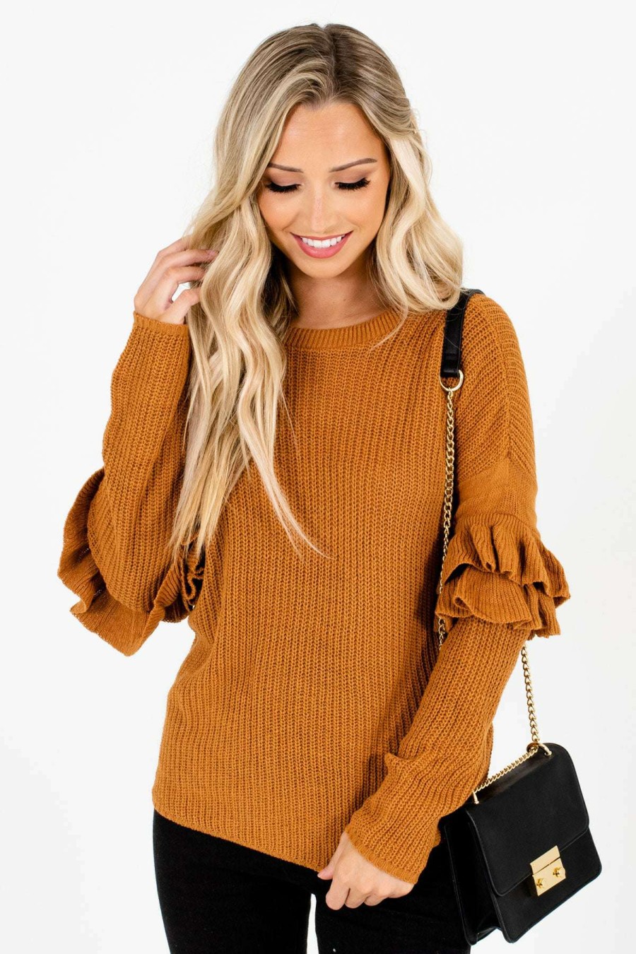 Sweaters * | Cheap Bella Ella Boutique Pumpkin Patch Orange Ruffle Sleeve Sweater