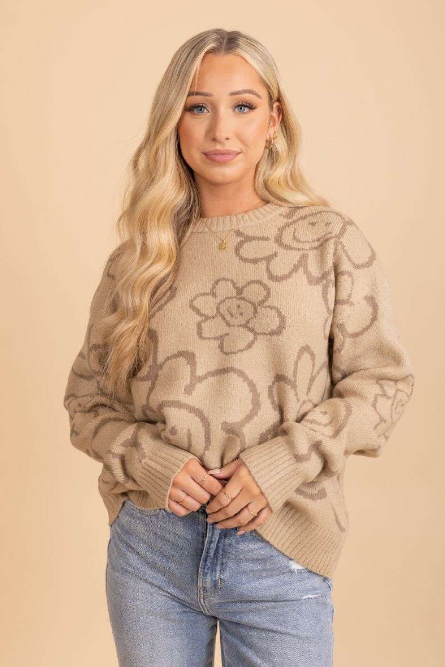 Sweaters * | Brand New Timing See The Light Happy Face Sweater Light Brown