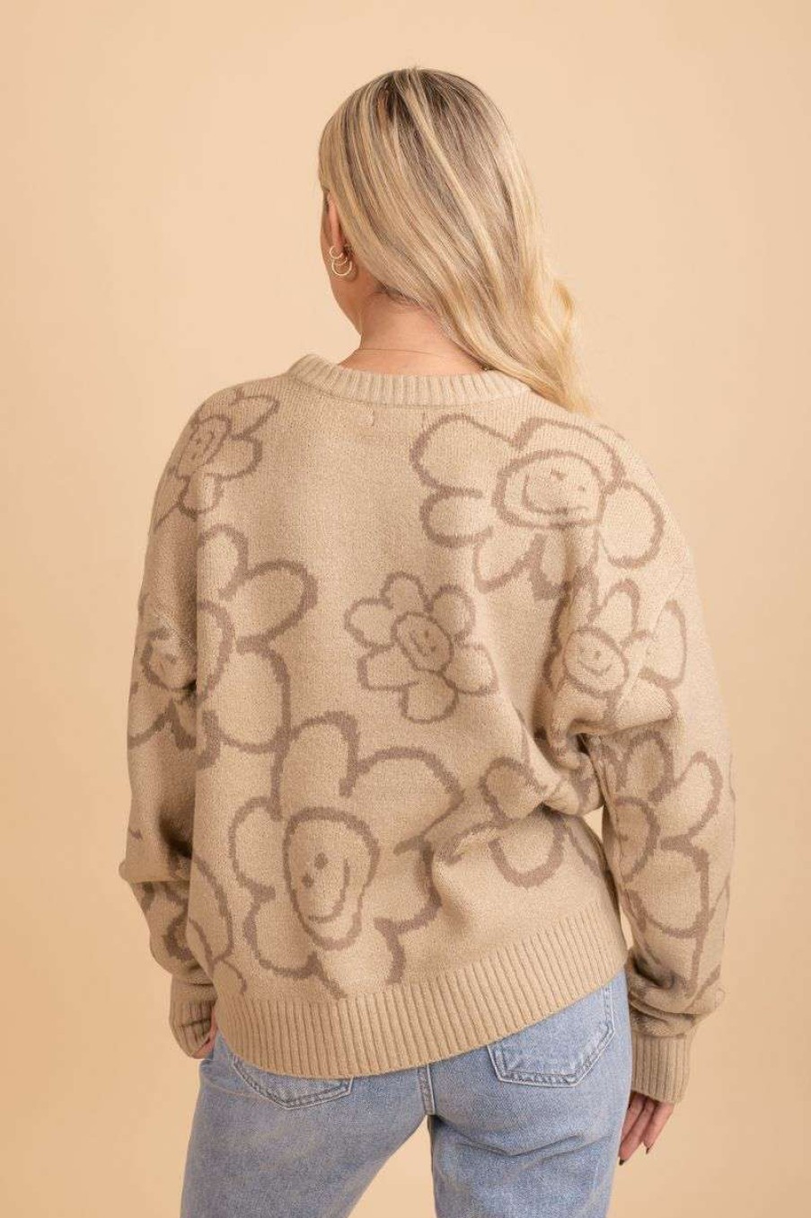 Sweaters * | Brand New Timing See The Light Happy Face Sweater Light Brown