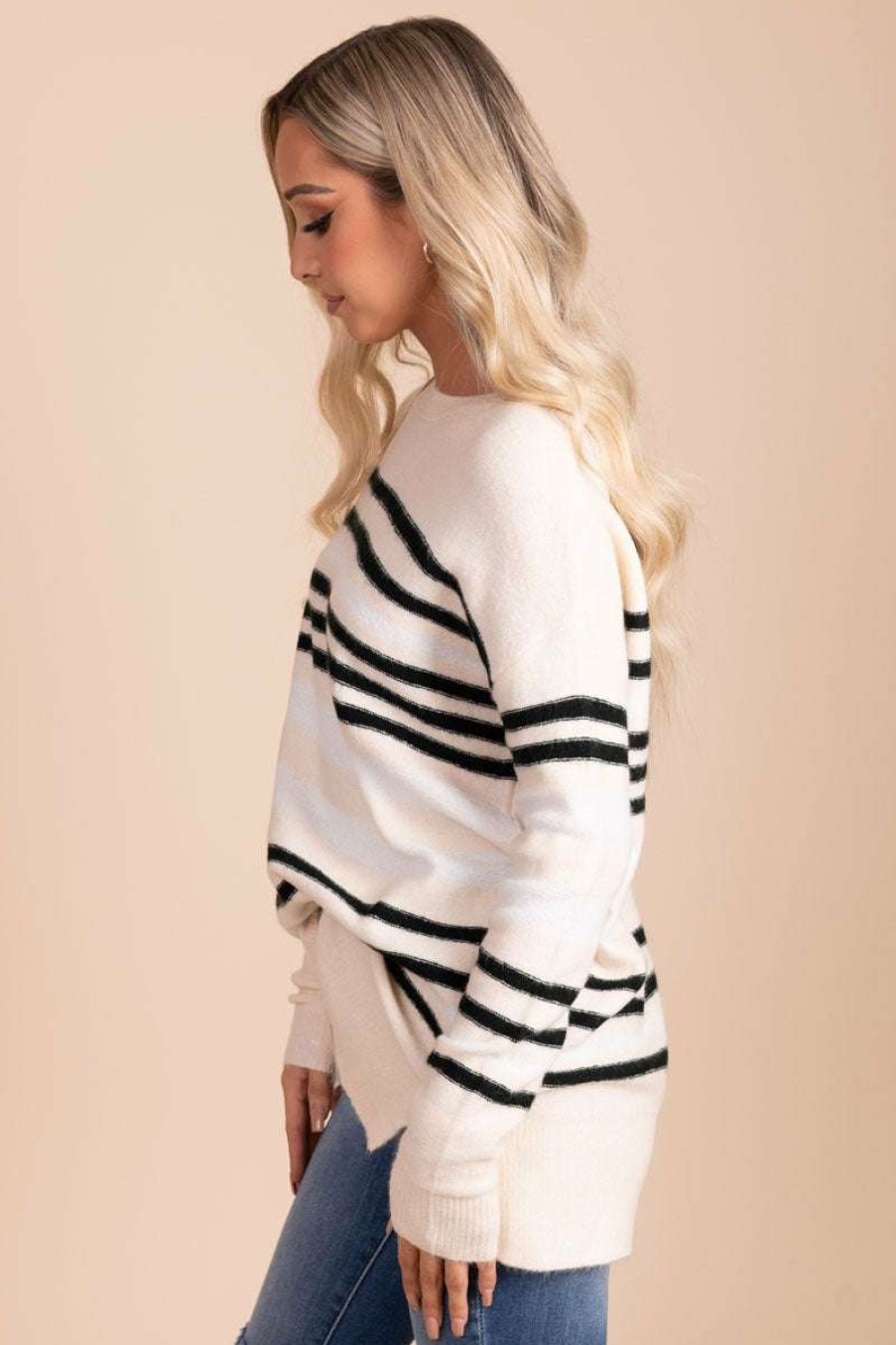 Sweaters * | Promo Stacatto Winter Wonderland Striped Long Sleeve Sweater Off White