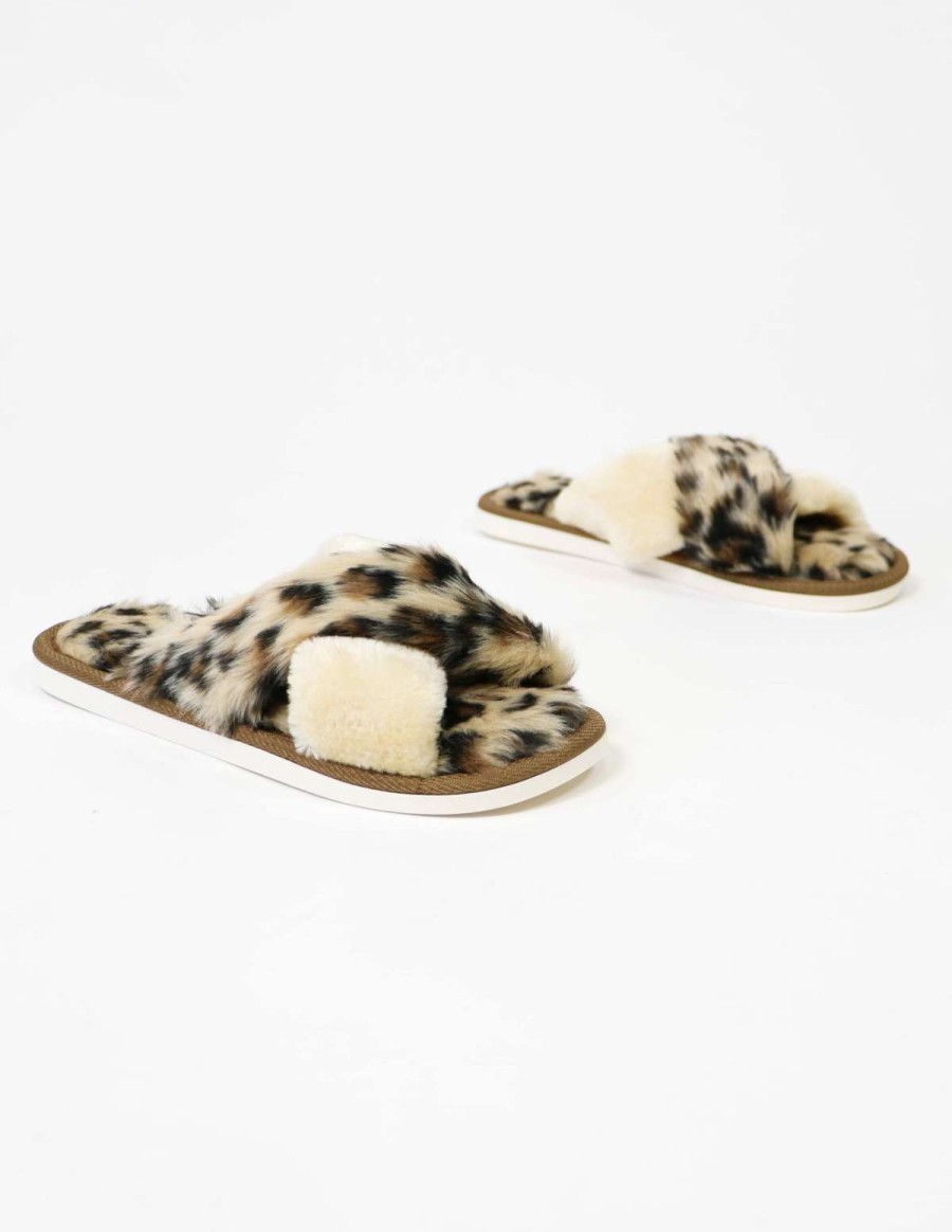 Shoes * | Buy Elle Bleu Cozy Kitten Slipper Tan Leopard