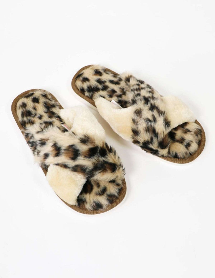 Shoes * | Buy Elle Bleu Cozy Kitten Slipper Tan Leopard