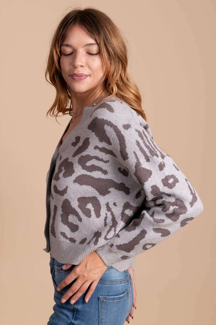 Cardigans * | New Papermoon Kindness Is Magic Animal Print Cardigan Light Gray