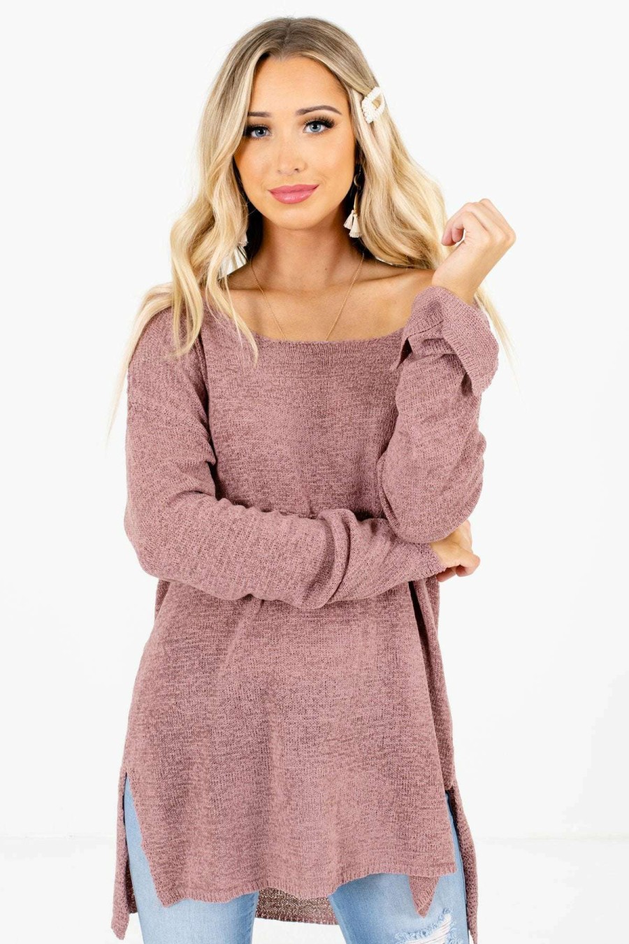 Sweaters * | Brand New Bella Ella Boutique Day Date Mauve Knit Sweater