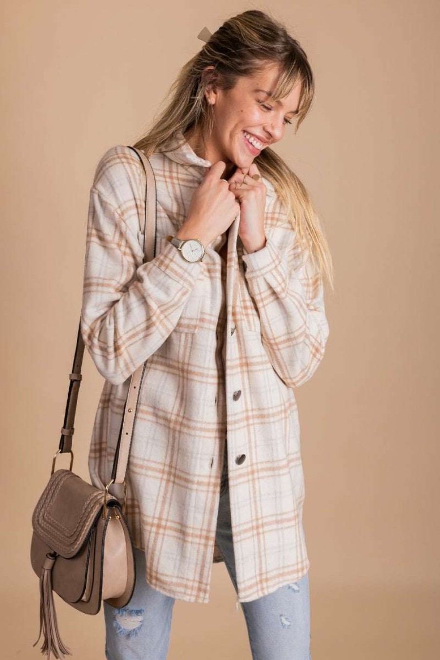 Jackets * | Best Deal Thefreeyoga Autumn Blooming Oversized Plaid Shacket