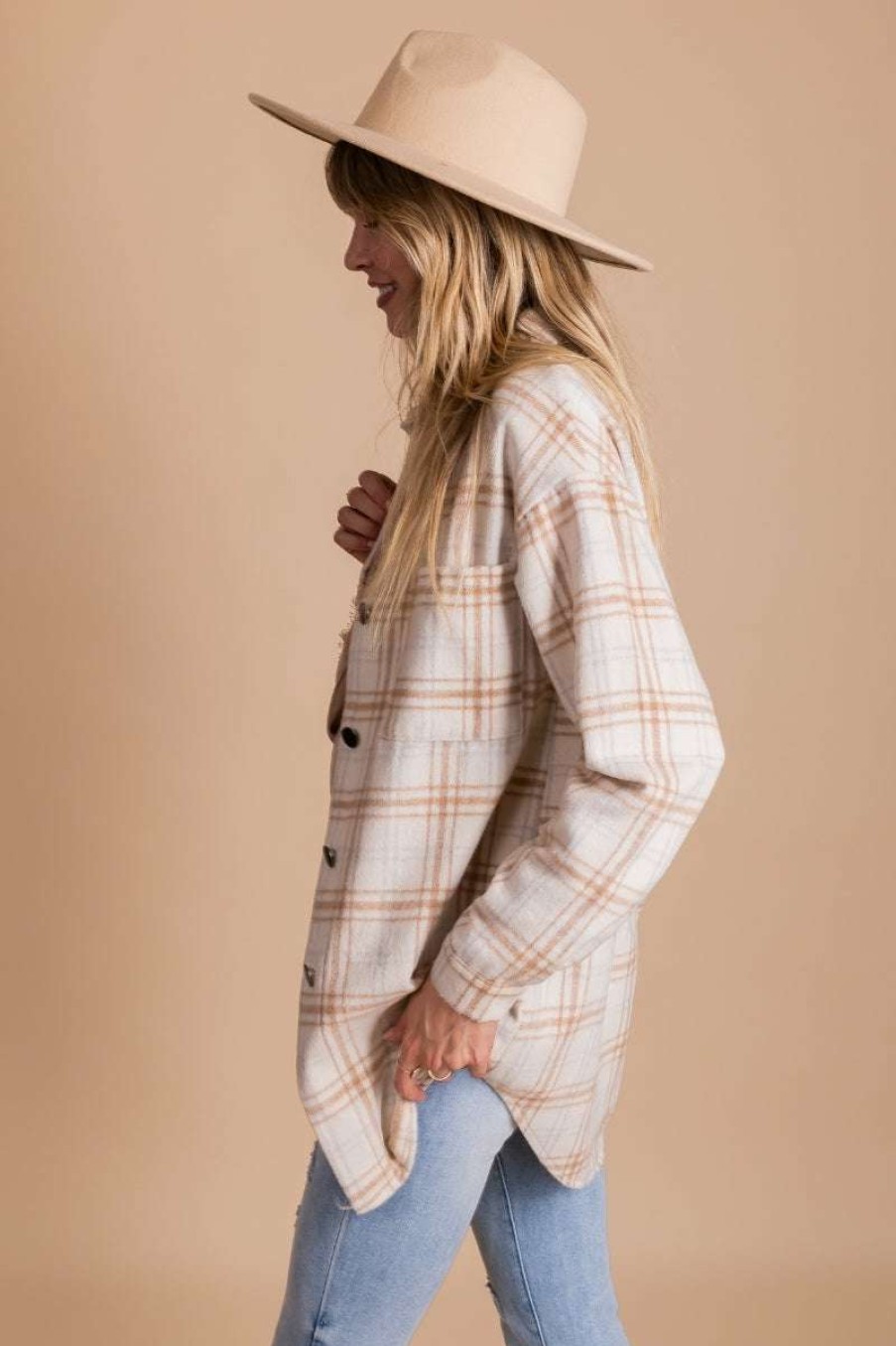 Jackets * | Best Deal Thefreeyoga Autumn Blooming Oversized Plaid Shacket