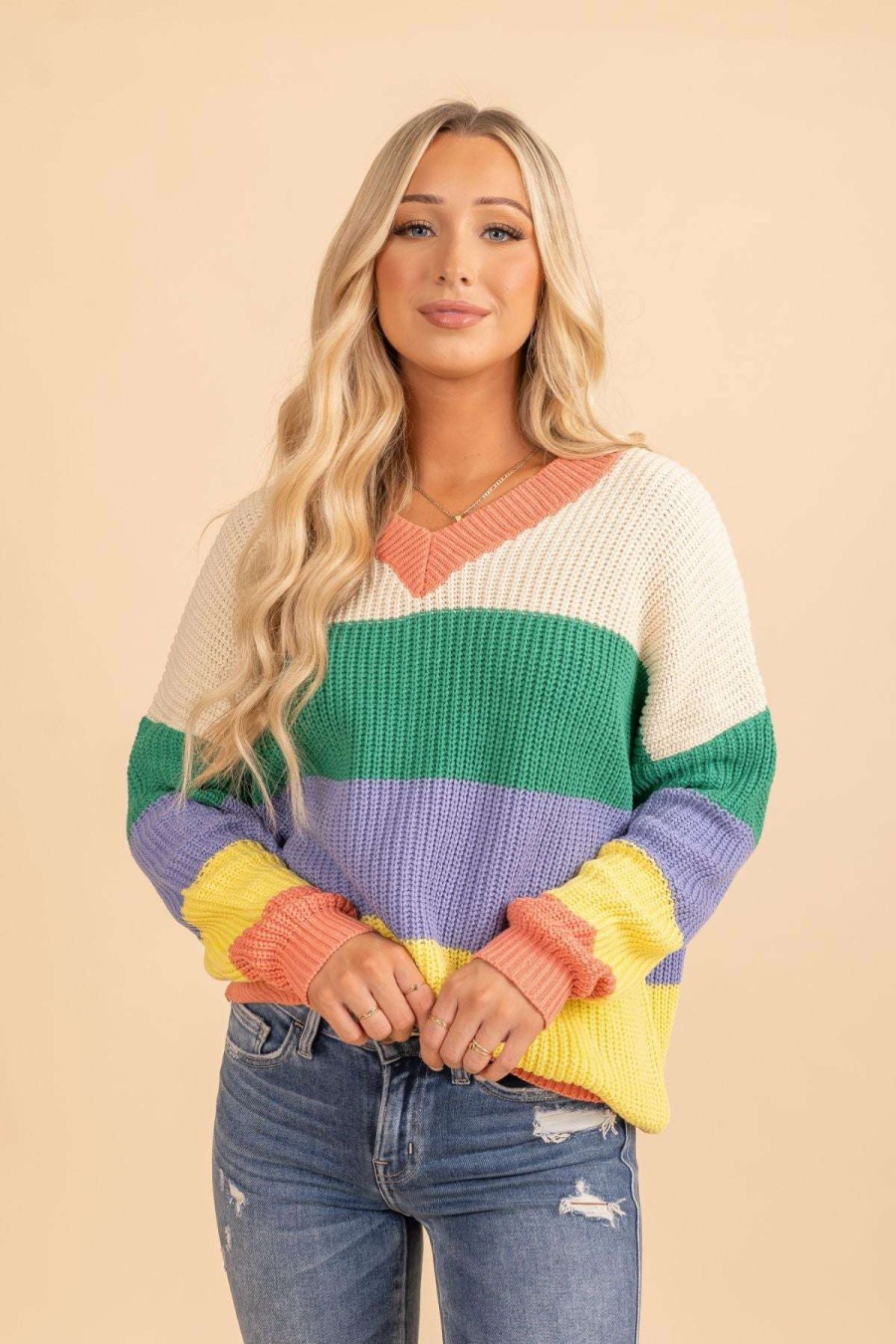 Sweaters * | Best Pirce Wholesale Fashion Trends Life In Color Striped Sweater Cream