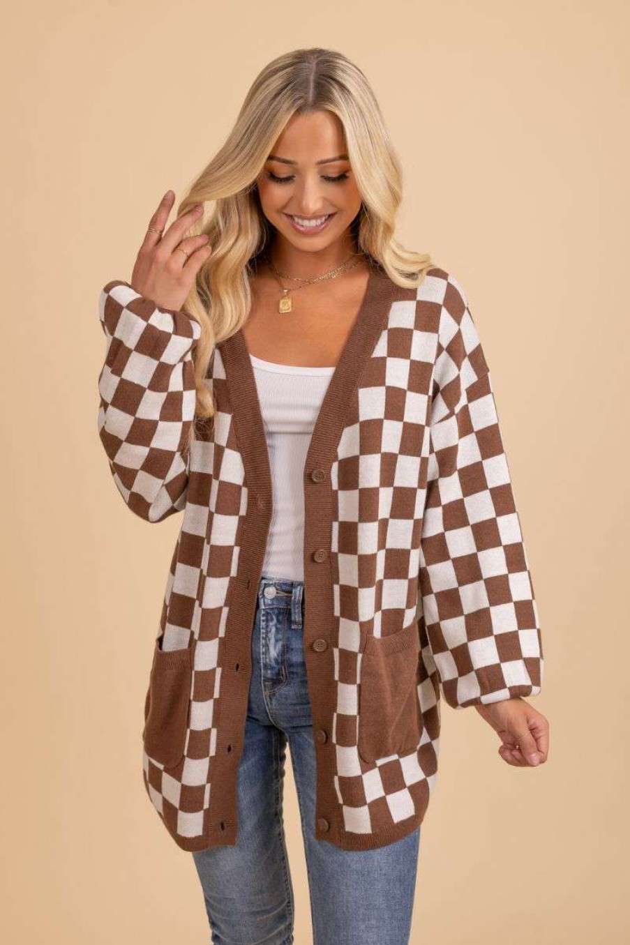 Cardigans * | Best Deal Mystyle Wholesale My Style Checkered Cardigan Brown