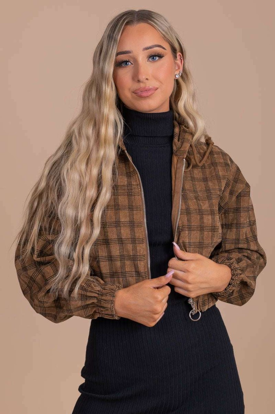 Jackets * | Deals Ijoah Caramel Latte Plaid Cropped Jacket