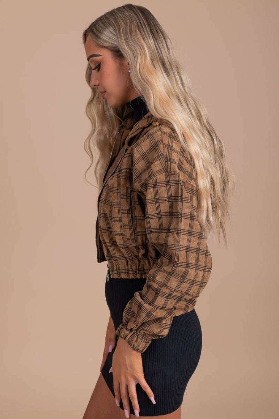 Jackets * | Deals Ijoah Caramel Latte Plaid Cropped Jacket