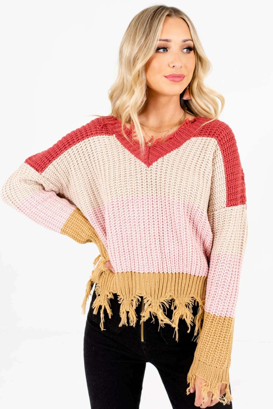 Sweaters * | Flash Sale Bella Ella Boutique Playful Hearts Pink Multi Striped Sweater