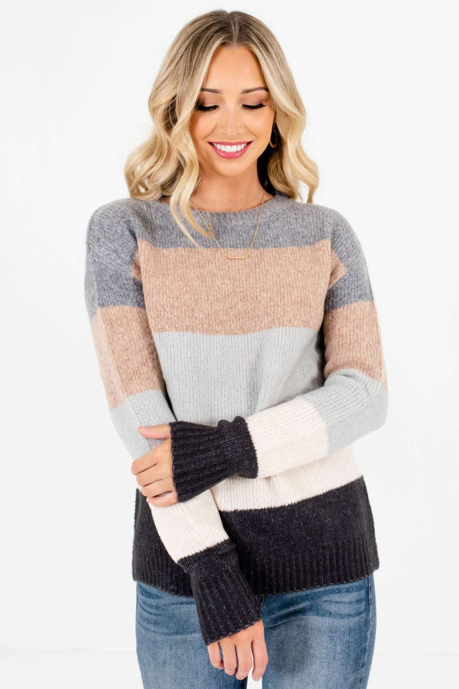 Sweaters * | Wholesale Bella Ella Boutique Dream Come True Gray Multi Striped Sweater